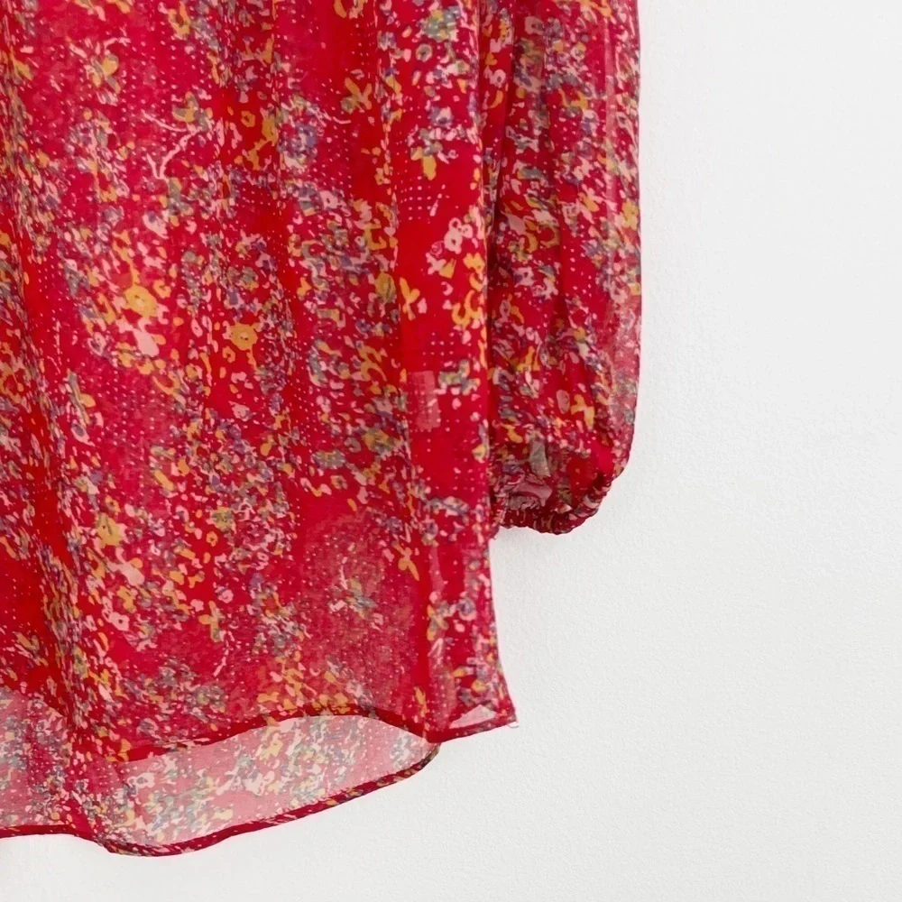 Anthropologie Pins & Needles Boho Red Floral Semi Sheer Long Sleeve Casual Top S - Picture 6 of 15
